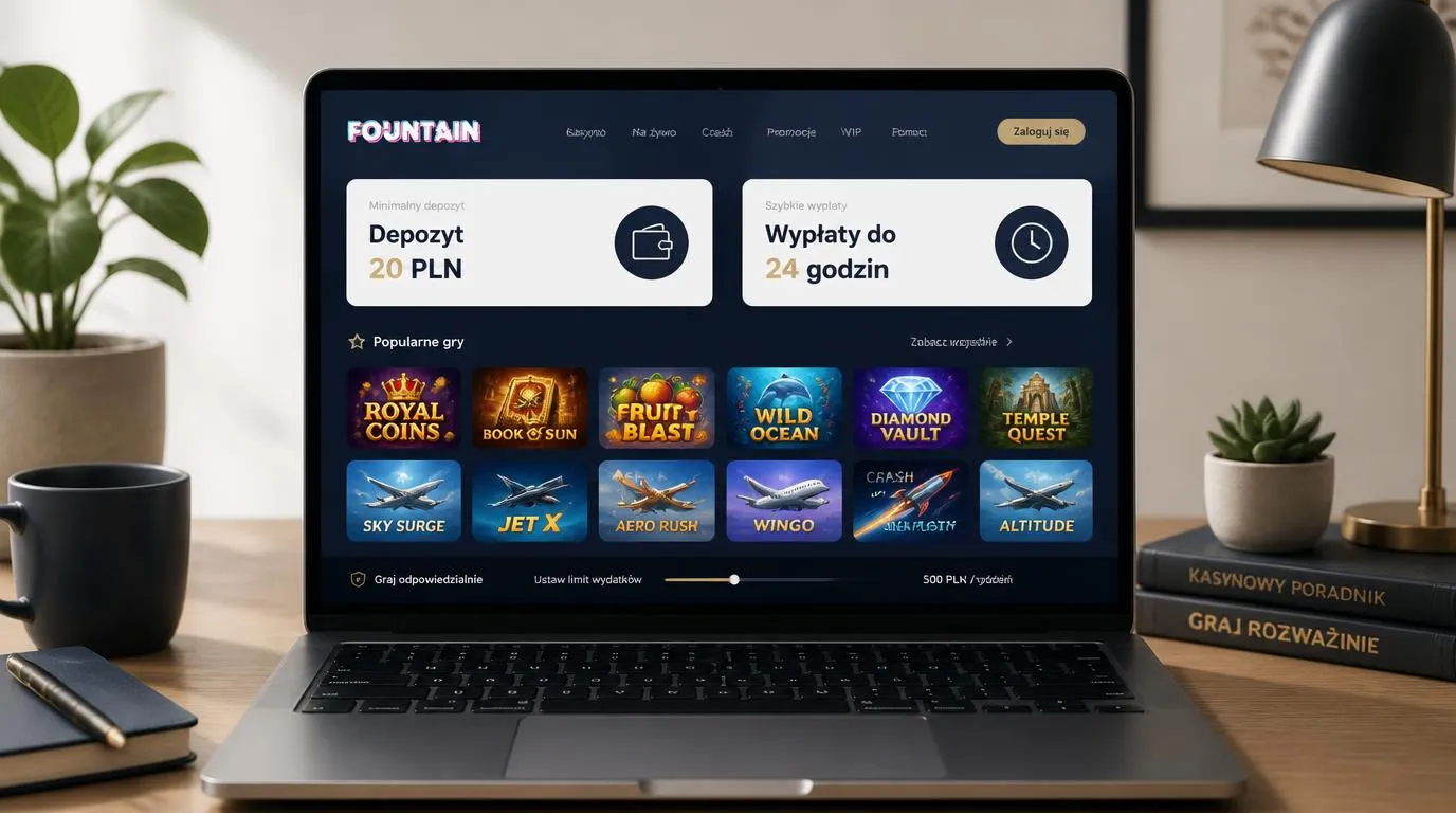 Panel kasyna z depozytem 20 PLN, terminem wypłaty do 24 godzin i kolorowymi kafelkami gier