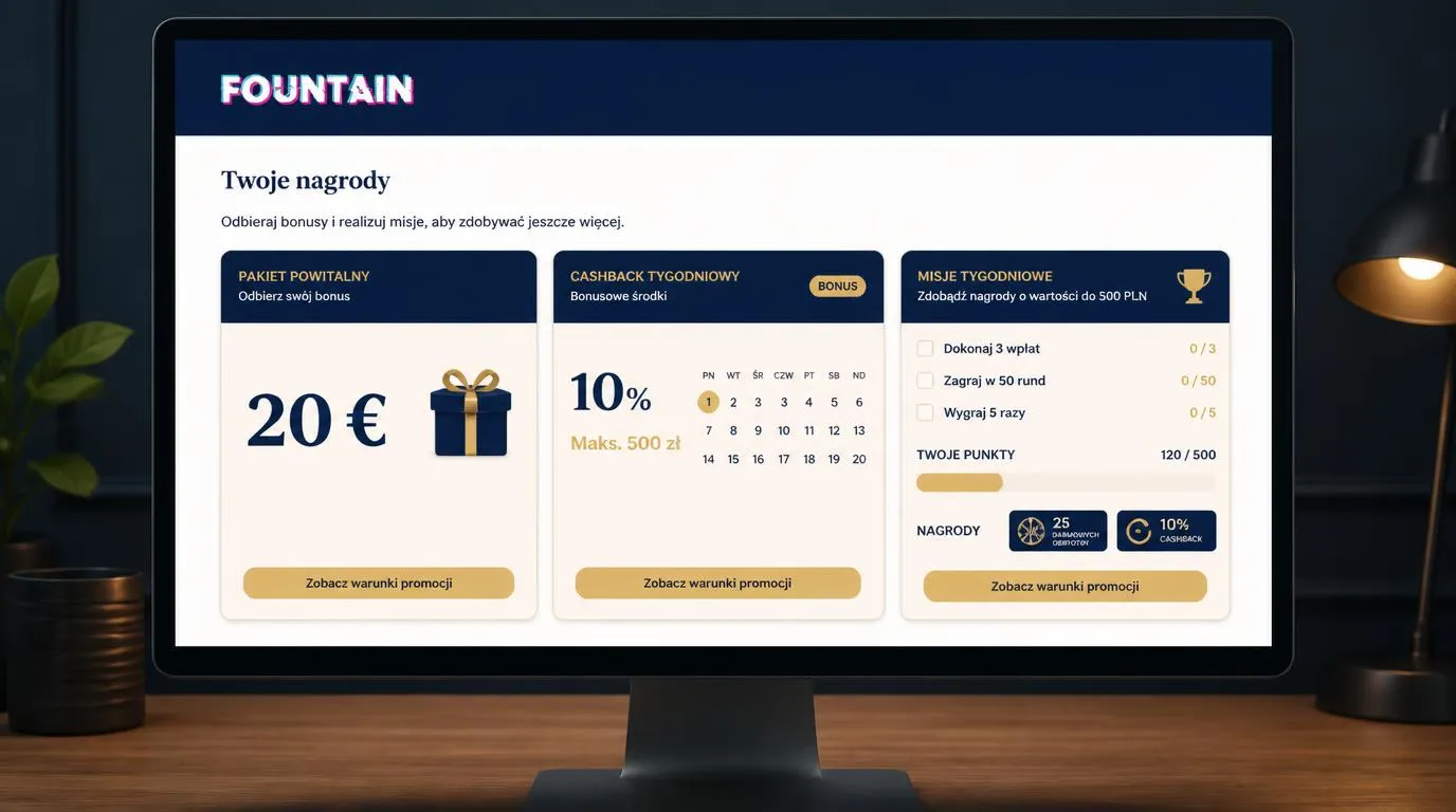 Panel nagród kasynowych z bonusem 20 €, cashbackiem tygodniowym i trzema zadaniami misji